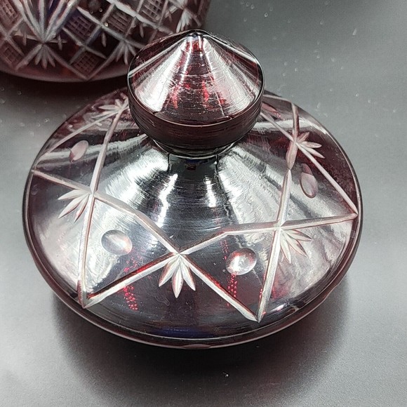 Vintage Bohemian Czech Ruby Red Cut to Clear Glass Canister Jar with Lid 9" tall - Picture 7 of 11